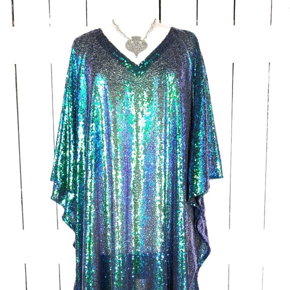 Iridescent green sequins kimono caftan cover up tunic dress